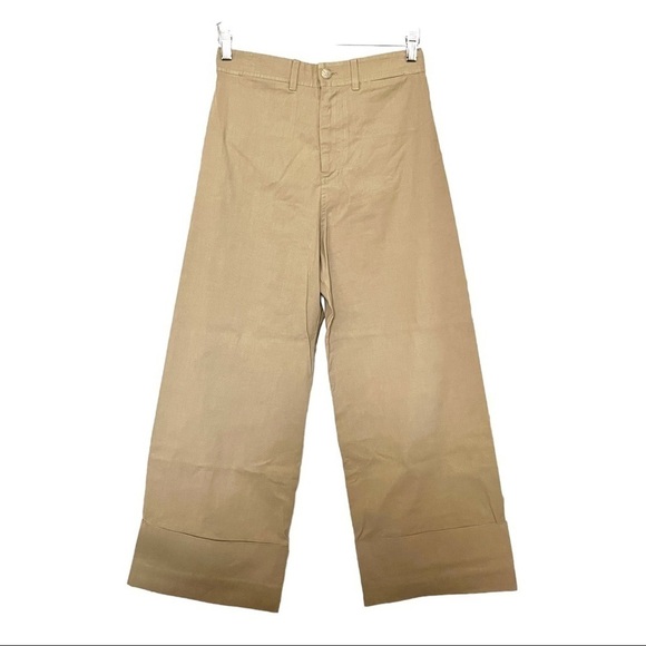 SEA NEW YORK High Rise Wide Leg Oversize-Cuff Crop Linen Blend Khaki Trousers 4 - Picture 4 of 7